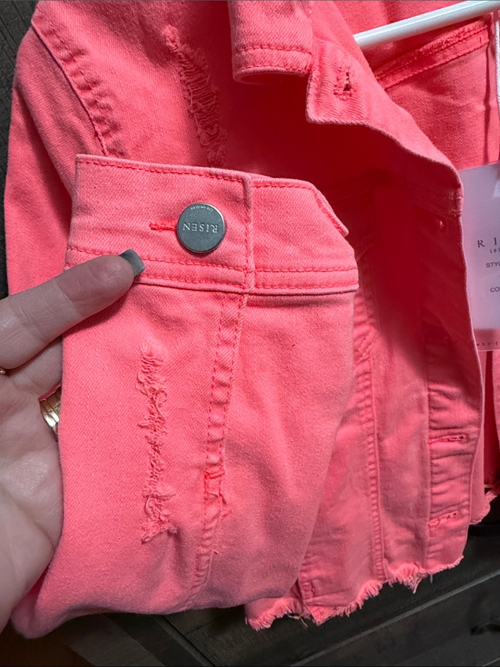 RISEN Coral Distressed Cropped Denim Jacket Size M NWT - Picture 6 of 7